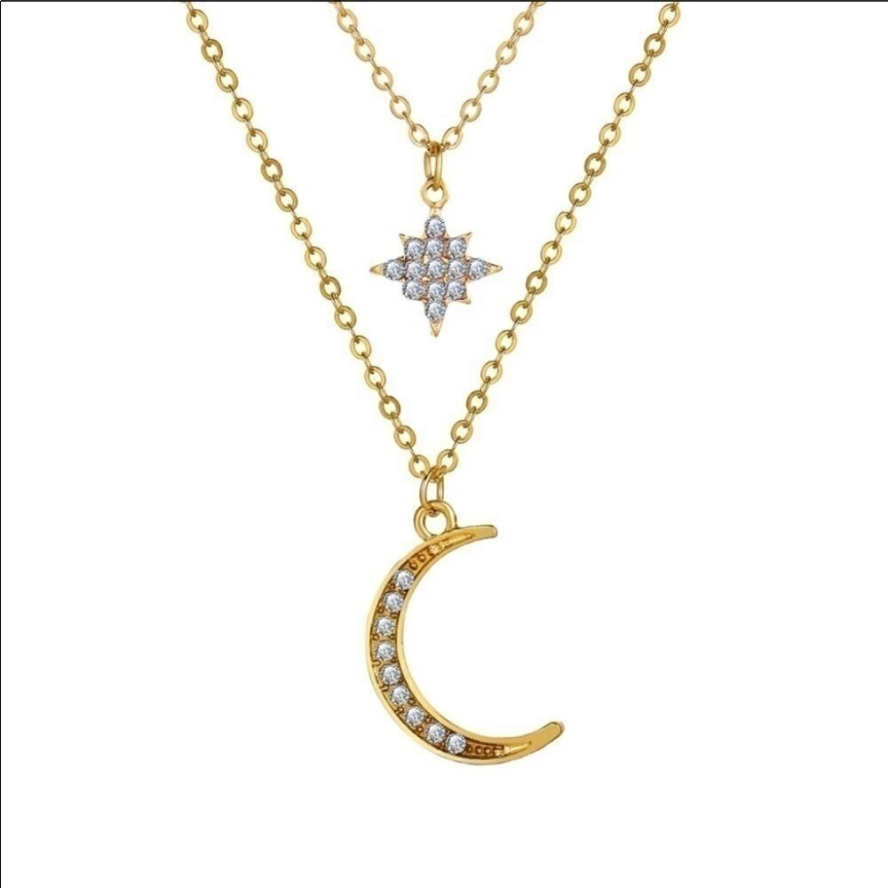 Necklace double layered Star Crescent moon